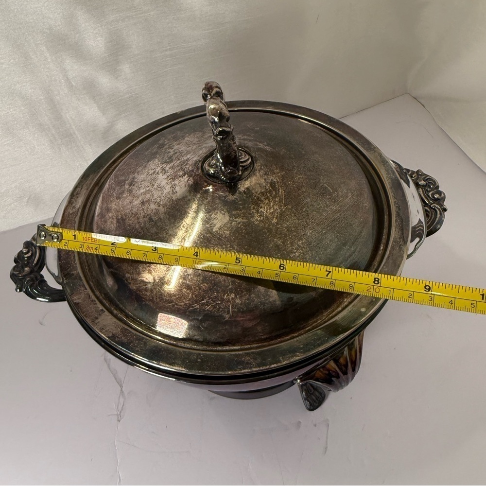 Antique 3 Piece Raimand Silver Plated 3 Footed Chafing Dish W/ Lid, Fire King - Picture 9 of 9